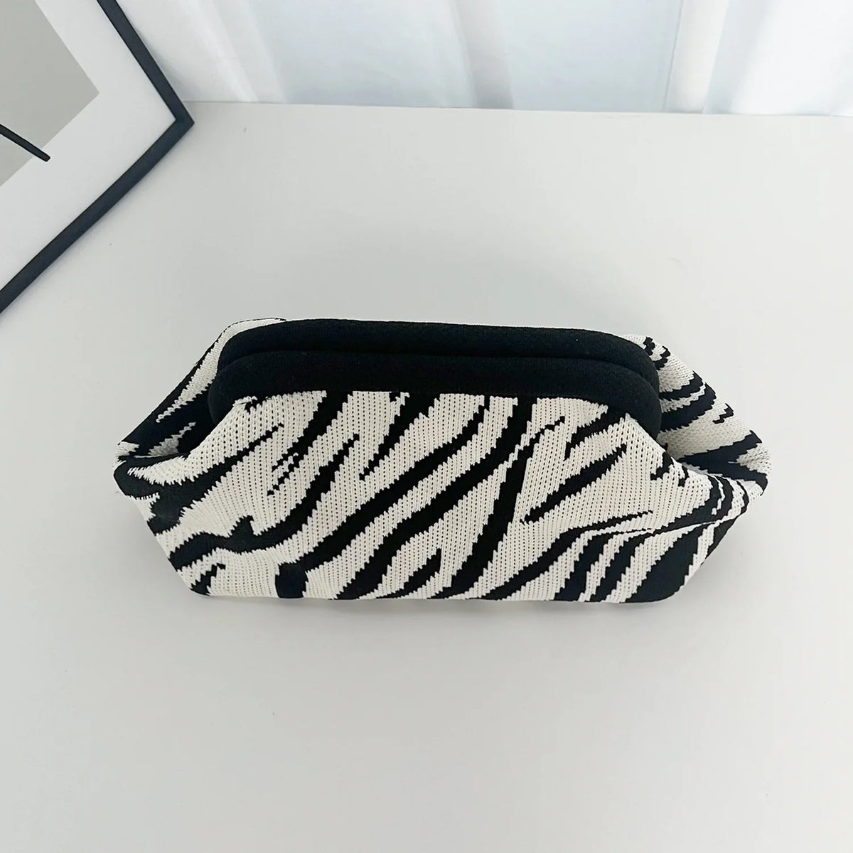 black white zebra knitted cosmetic bag product view 6