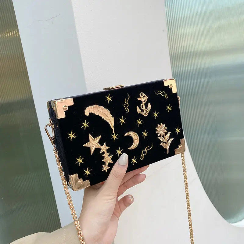 blue celestial shoulder bag gold star embroidery chain purse evening box alternate product view