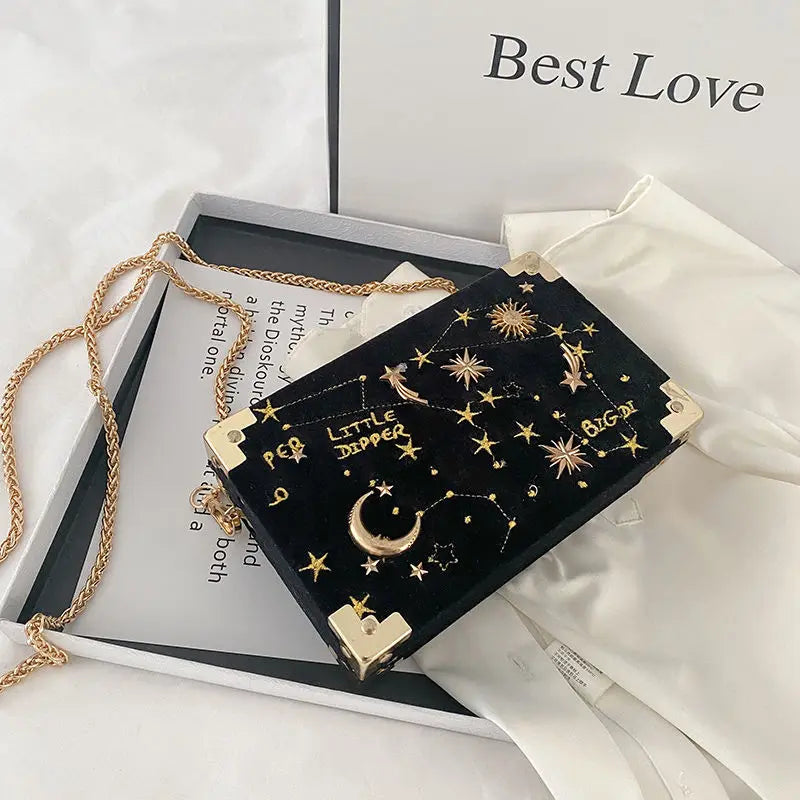 blue celestial shoulder bag gold star embroidery chain purse evening box styled product view