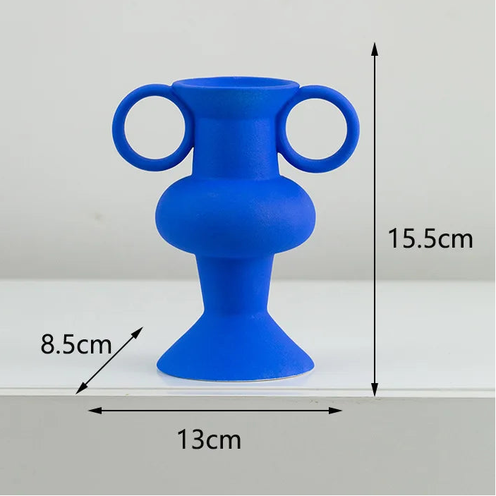 blue double handle vase circular ceramic flower vessel alternate product view