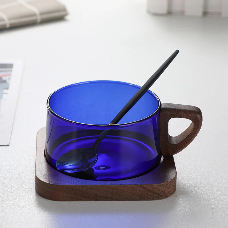 blue glass coffee cup with wooden tray 200ml alternate product view