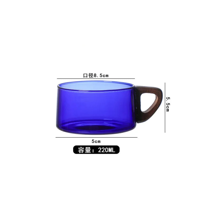 blue glass coffee cup with wooden tray 200ml styled product view