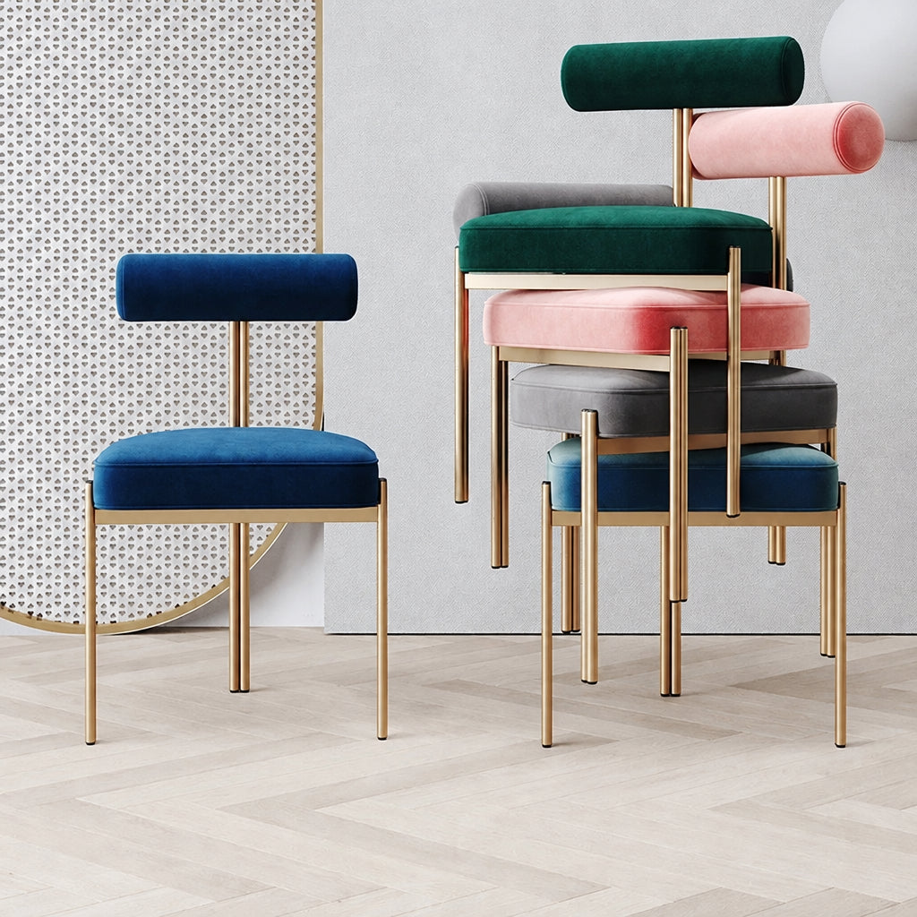 Blue fabric dining chair with gold frame product detail view 2