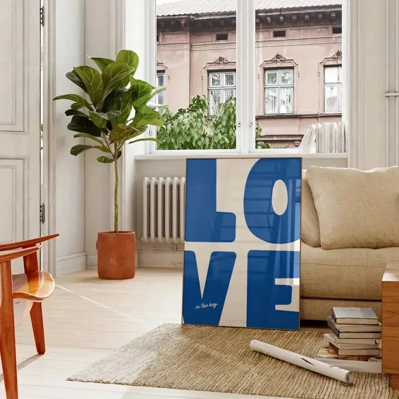 blue love wall art romantic graphic print bedroom decor couple styled product view