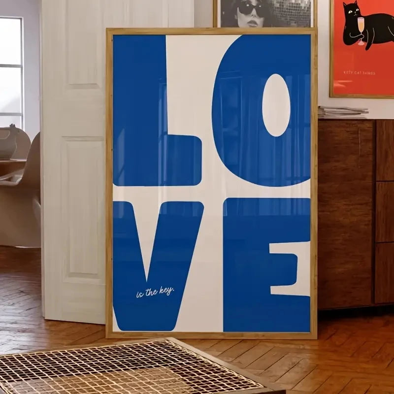 blue love wall art romantic graphic print bedroom decor couple detail product view