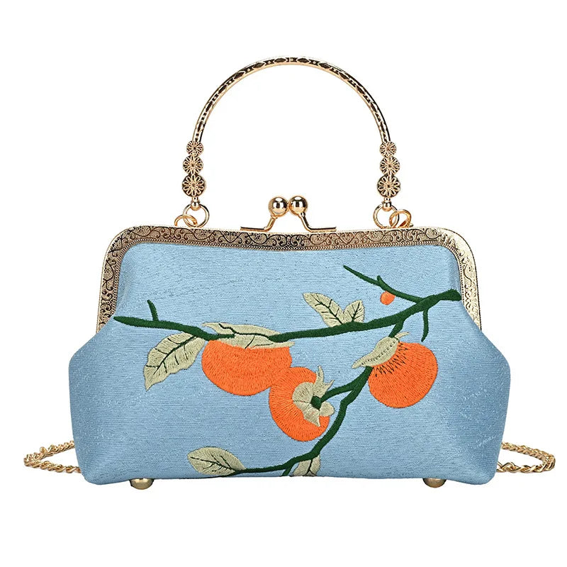 Blue Orange Embroidered Shoulder Bag Cotton Evening Clutch Fruit Design Wedding Guest Fashion Statement Accessory Unique Present Room Accent fashion bag