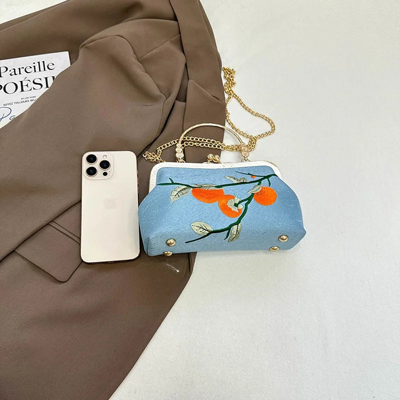 Blue Orange Embroidered Shoulder Bag Cotton Evening Clutch Fruit Design Wedding Guest Fashion Statement Accessory Unique Present Room Accent fashion bag