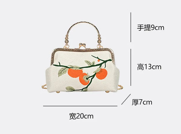 Blue Orange Embroidered Shoulder Bag Cotton Evening Clutch Fruit Design Wedding Guest Fashion Statement Accessory Unique Present Room Accent fashion bag