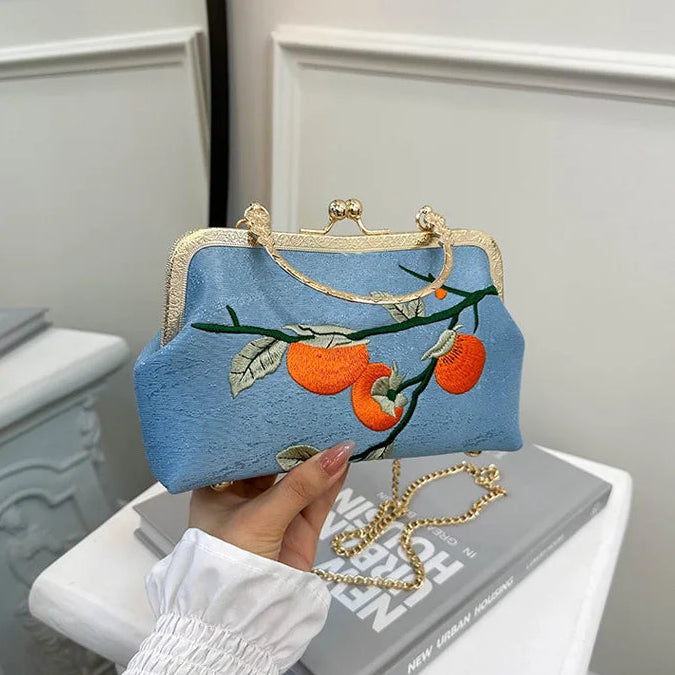 Blue Orange Embroidered Shoulder Bag Cotton Evening Clutch Fruit Design Wedding Guest Fashion Statement Accessory Unique Present Room Accent fashion bag