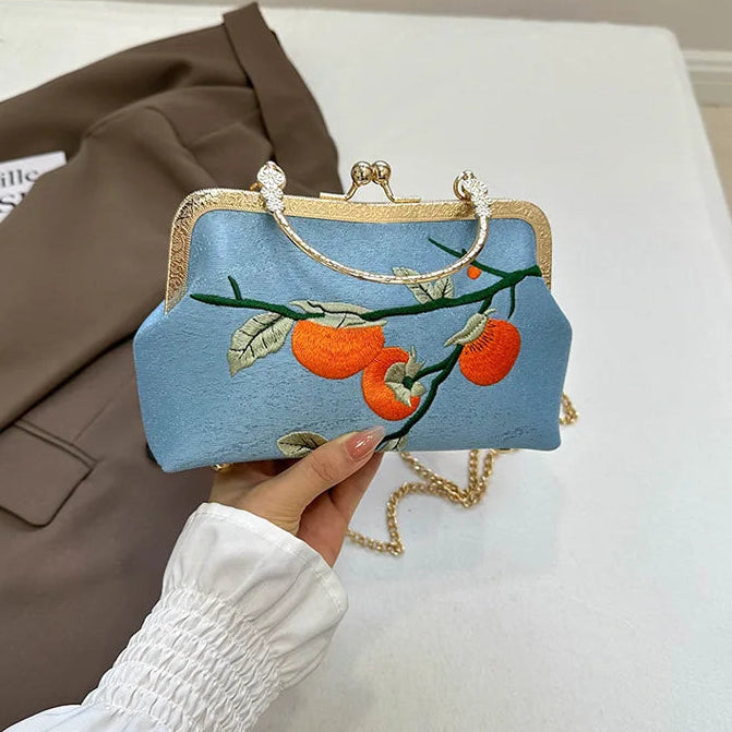 Blue Orange Embroidered Shoulder Bag Cotton Evening Clutch Fruit Design Wedding Guest Fashion Statement Accessory Unique Present Room Accent fashion bag
