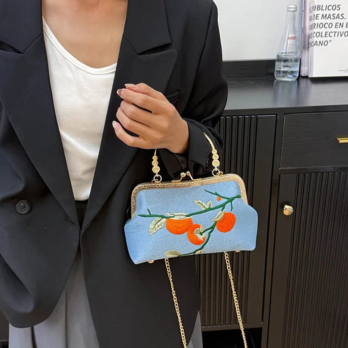 Blue Orange Embroidered Shoulder Bag Cotton Evening Clutch Fruit Design Wedding Guest Fashion Statement Accessory Unique Present Room Accent fashion bag