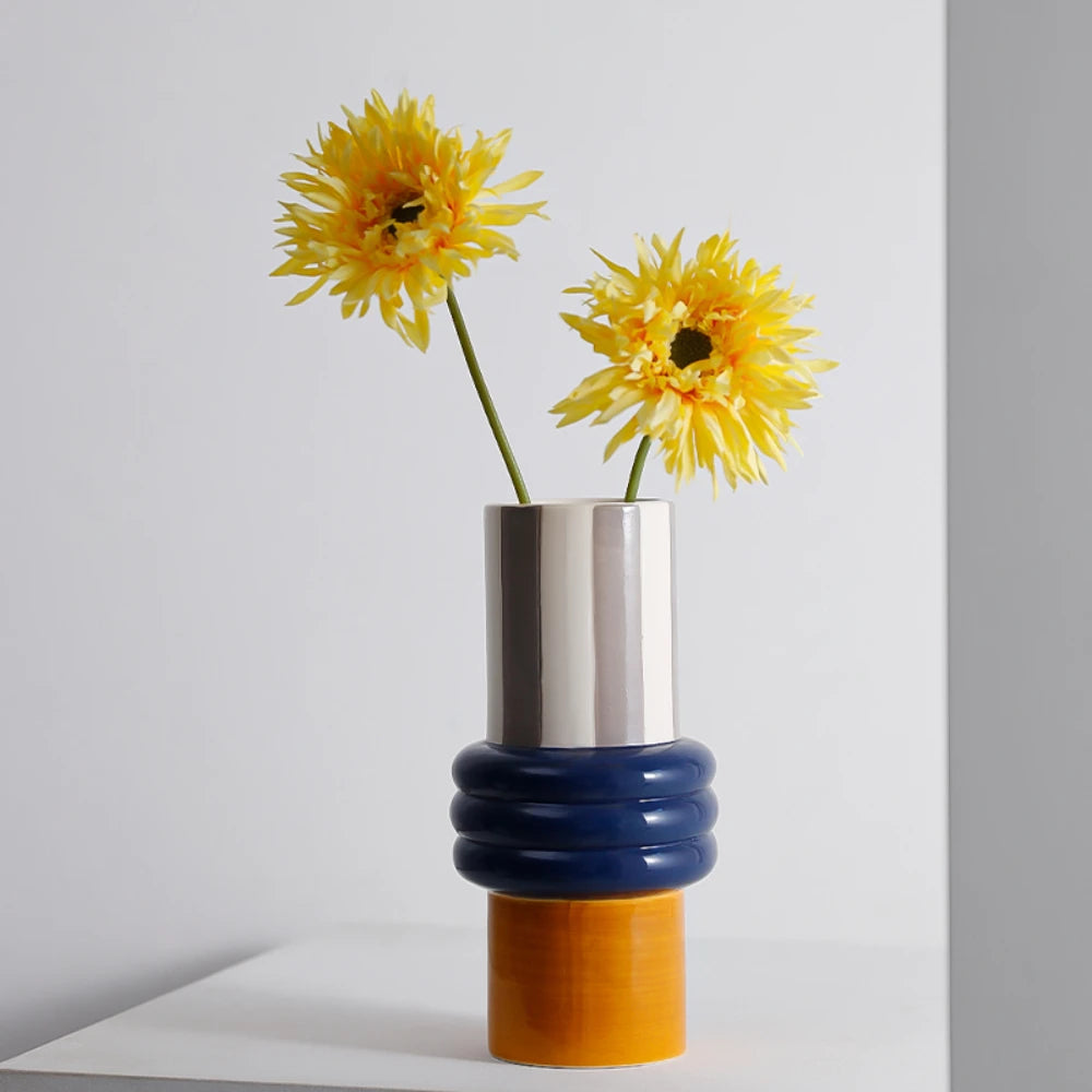 blue orange geometric ceramic vase styled product view
