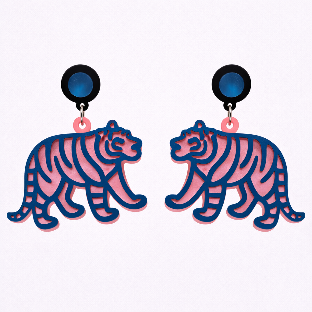 blue pink tiger drop earrings animal jewelry main product view