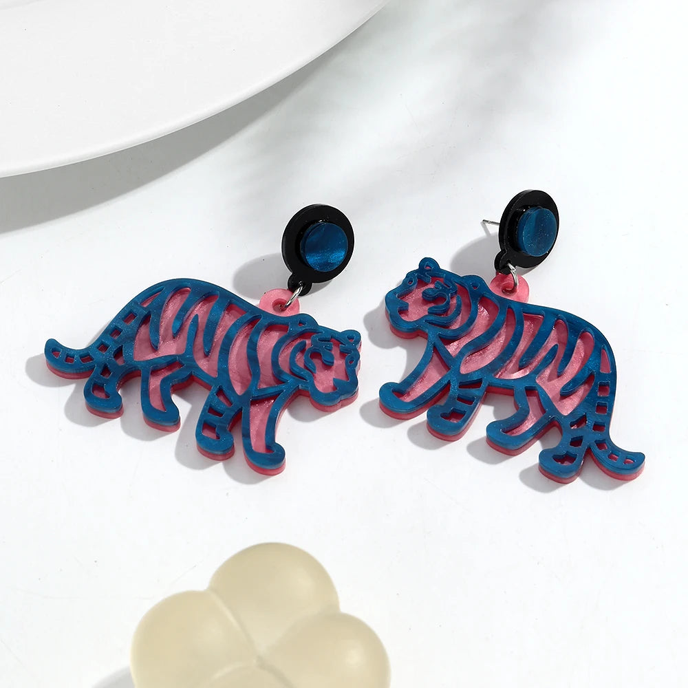 blue pink tiger drop earrings animal jewelry styled product view