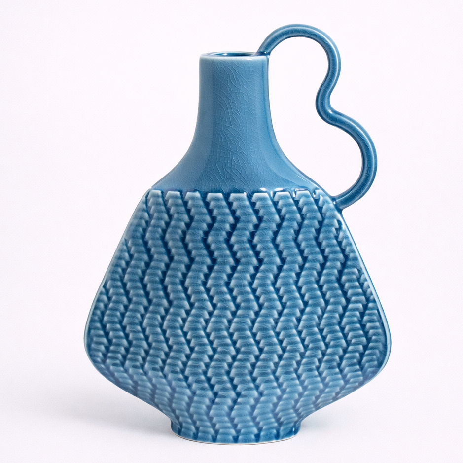 blue textured ceramic vase geometric handle 25cm main product view