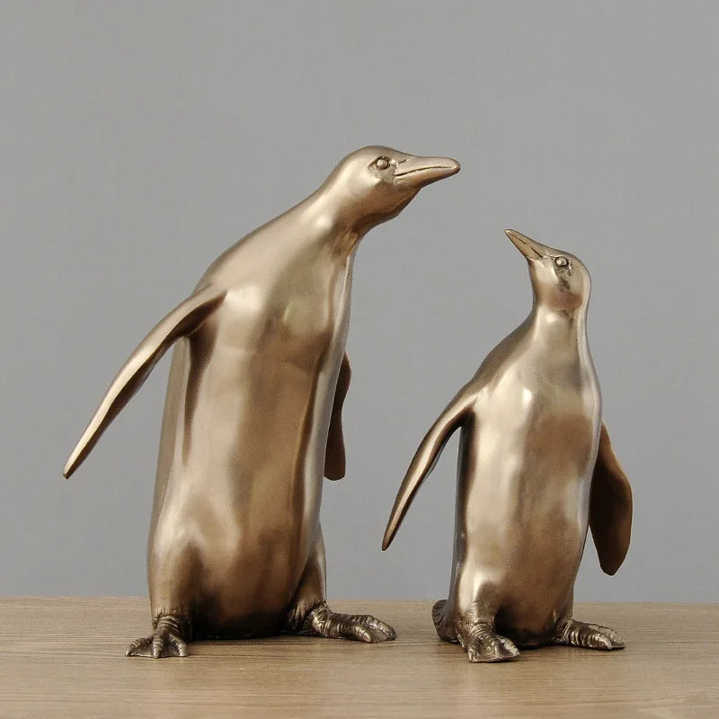 bronze penguin sculpture set mother baby metal decor detail product view
