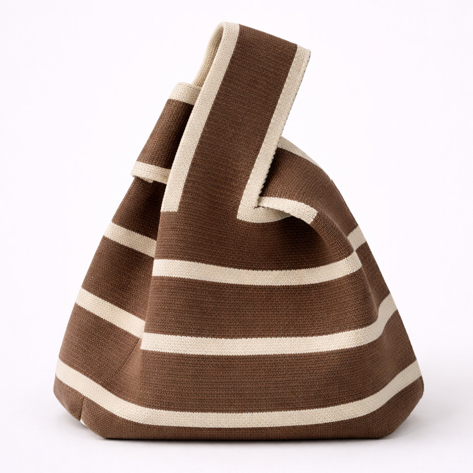 Brown and beige striped bag on a white background