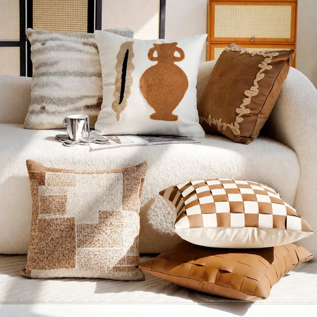 Brown cream woven 45x45cm boho cushion cover detail view 3