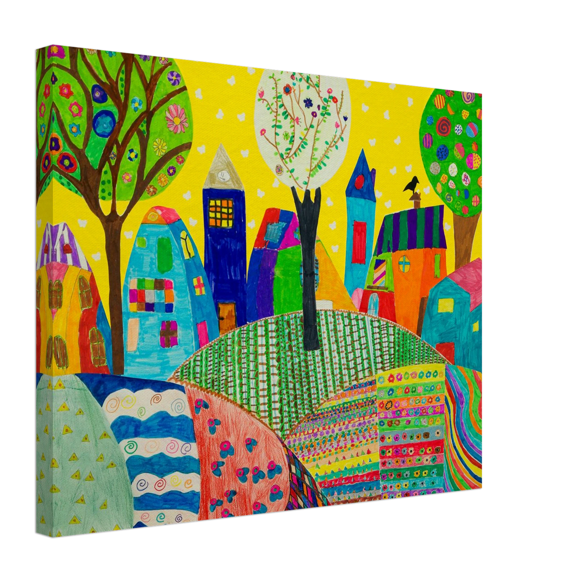 Colorful Village Wall Art Canvas Print Whimsical Town Folk Landscape Bright Decor #PD_361 product image