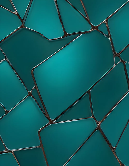 Abstract teal wall design featuring varying glass-like panels in a contemporary setting. Generative AI