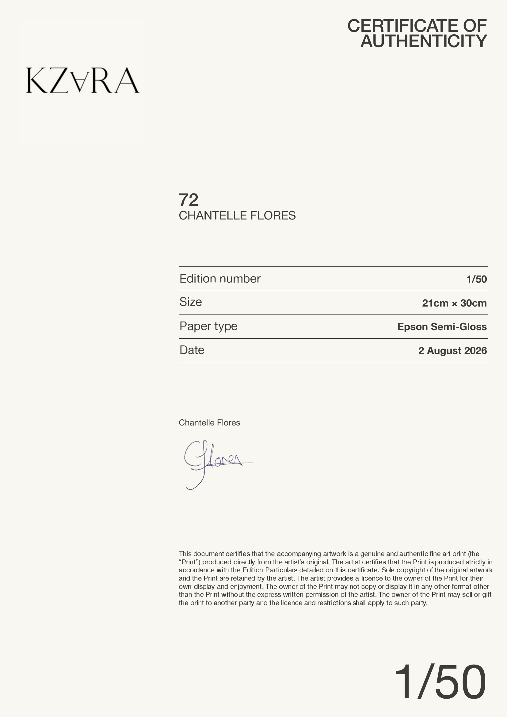 72 — Certificate of Authenticity