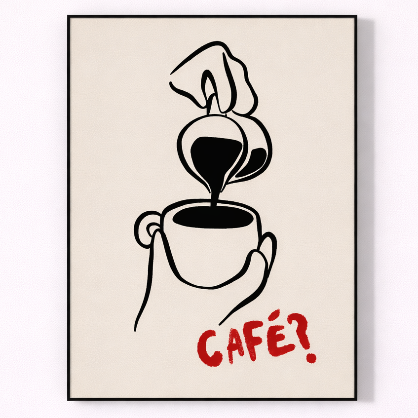 Framed artwork of a hand pouring coffee into a cup with 'CAFé?' text on a beige background
