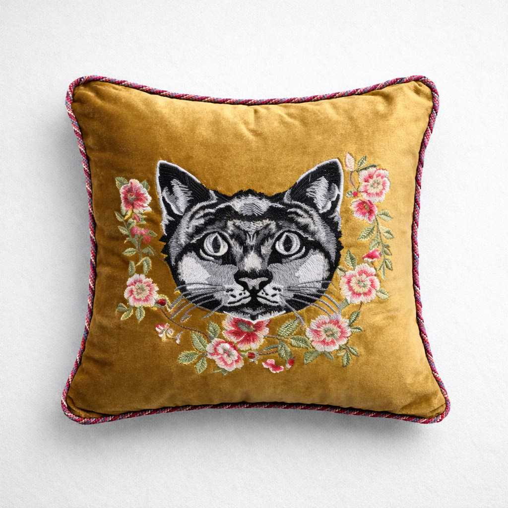 Vintage floral cat cushion cover with feline portrait in 45 x 45cm square format