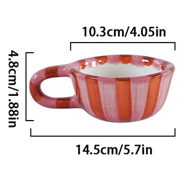 Red and white striped mug with dimensions on a white background
