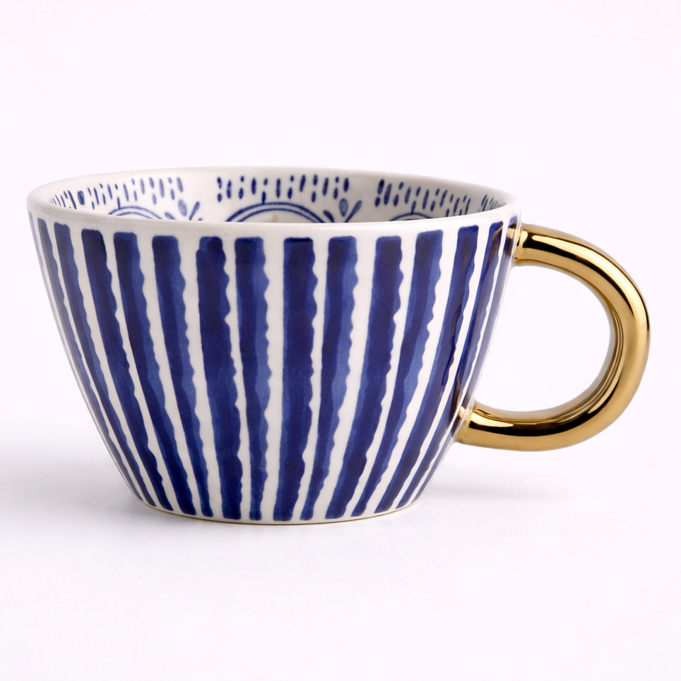 Ceramic mug with blue and white striped pattern and gold handle on a white background