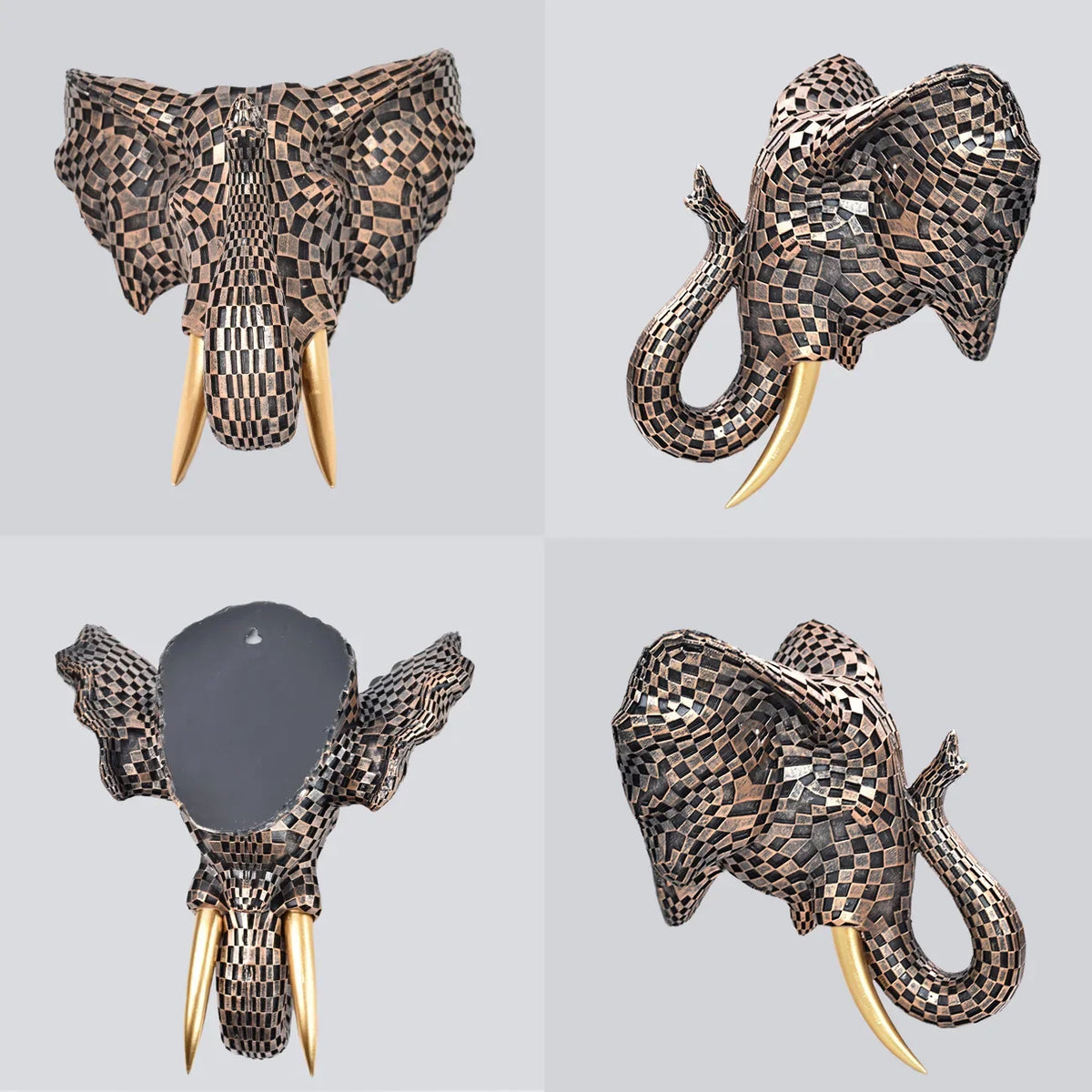 Decorative elephant head sculpture with a checkered pattern on a gray background