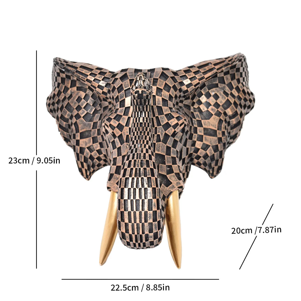 Decorative elephant head sculpture with geometric pattern and measurements on a white background