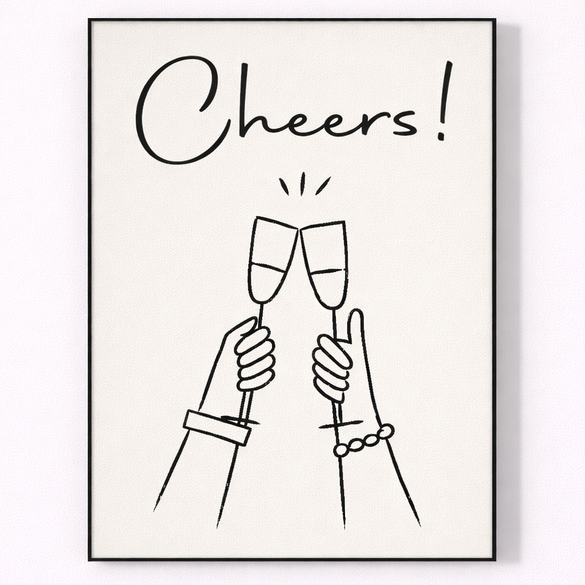 Framed artwork with 'Cheers!' text and line drawings of clinking champagne glasses.