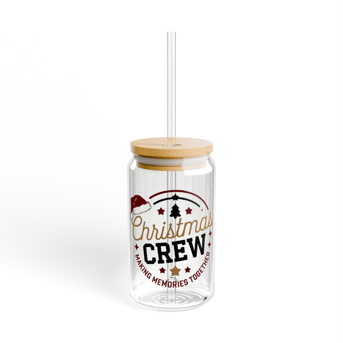 Christmas Crew Glass Cup Gift For Sister Holiday Sipper With Bamboo Lid Festive Drinkware Present For