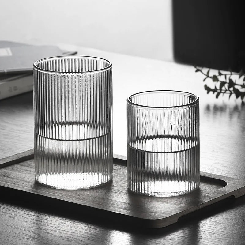 Japanese Ribbed Glass Coffee Mug, Heat-Resistant Striped Glass Cup, Transparent,