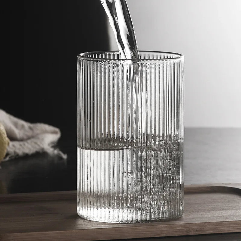 Japanese Ribbed Glass Coffee Mug, Heat-Resistant Striped Glass Cup, Transparent,