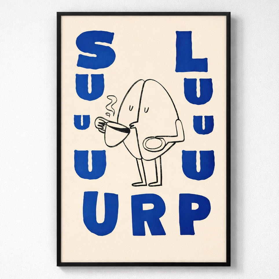 Framed artwork with a character holding a bag labeled 'SOURP' on a beige background