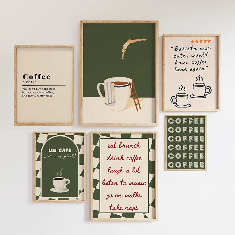 Set of framed coffee-themed prints on a white wall