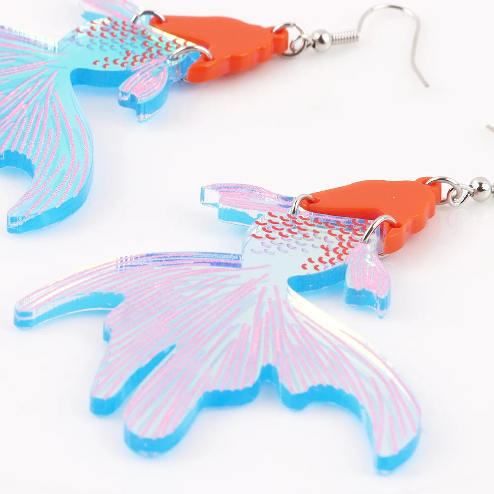 Colorful Fish Drop Earrings Orange Blue Aquatic Jewelry Ocean Lover Gift Playful Fashion Statement Accessory Unique Present Style Detail Fun statement earrings