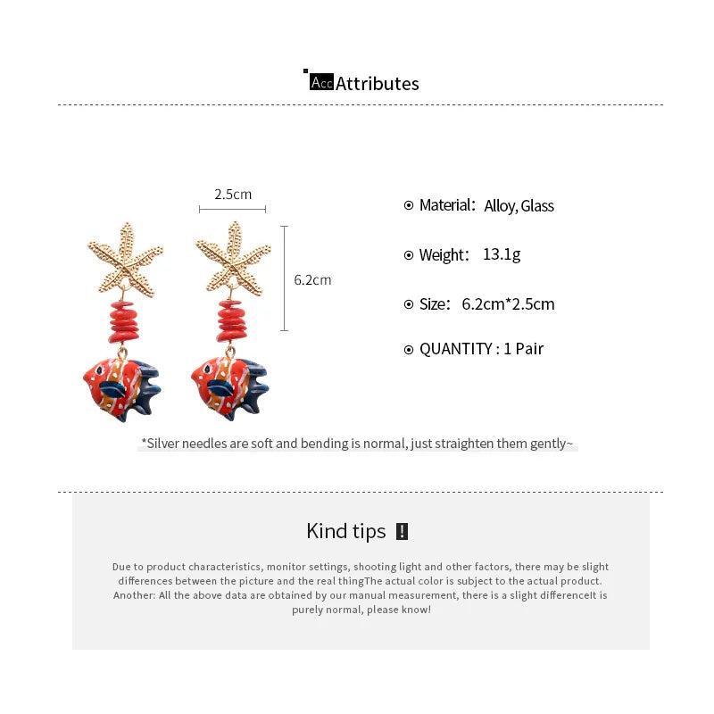 Blue red sea life earrings shown from alternate view