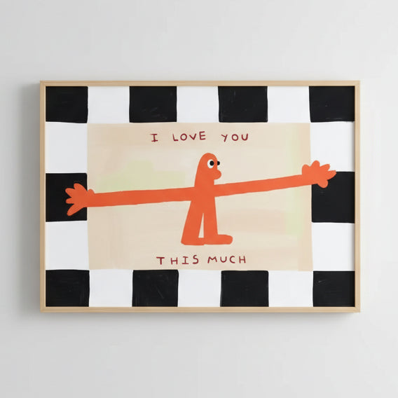 Framed artwork with a cartoon character reaching out and text 'I love you this much' on a checkered background.