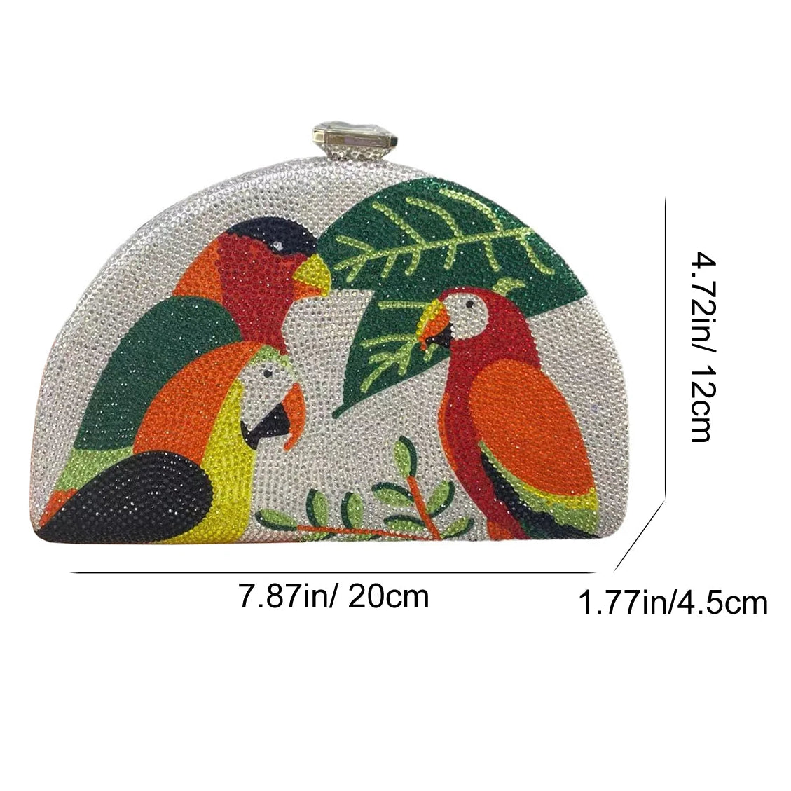 Colorful beaded clutch bag with bird design and measurements on a white background