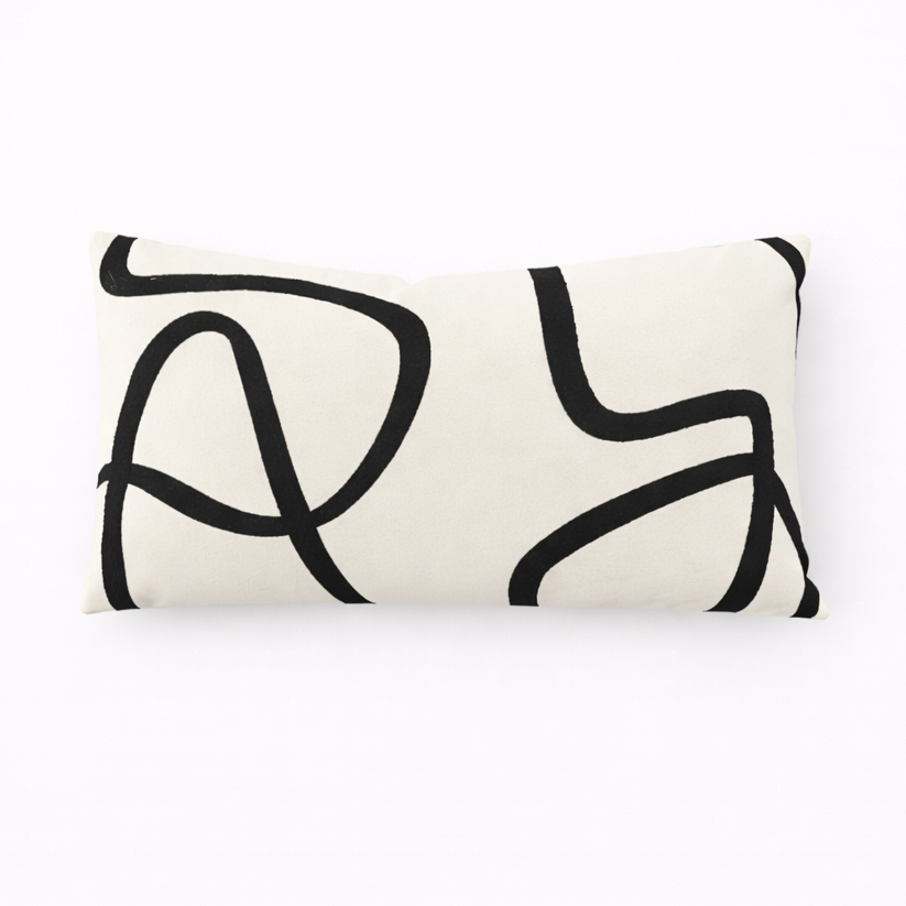 Cream Abstract Suede Cushion Cover Black Line Lumbar Pillow shown as the main product