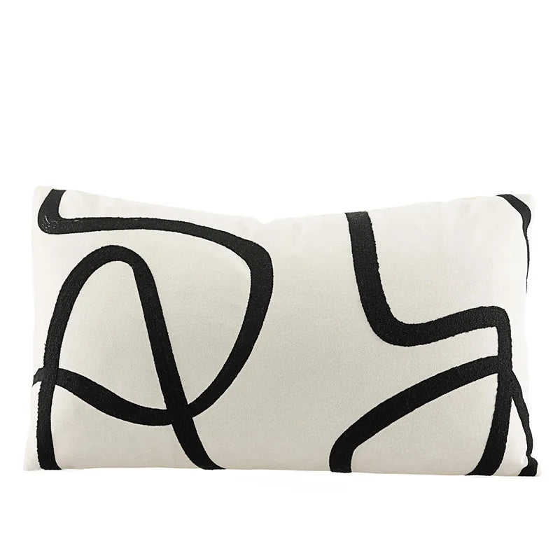 Cream Abstract Suede Cushion Cover Black Line Lumbar Pillow shown in alternate product detail