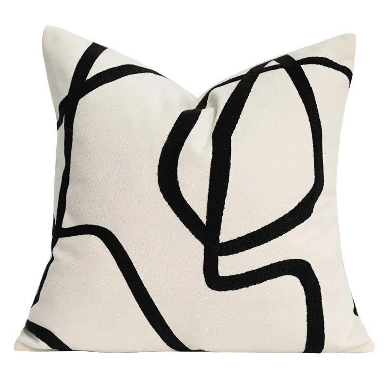 Cream and black abstract line pillow cover for modern neutral sofa decor