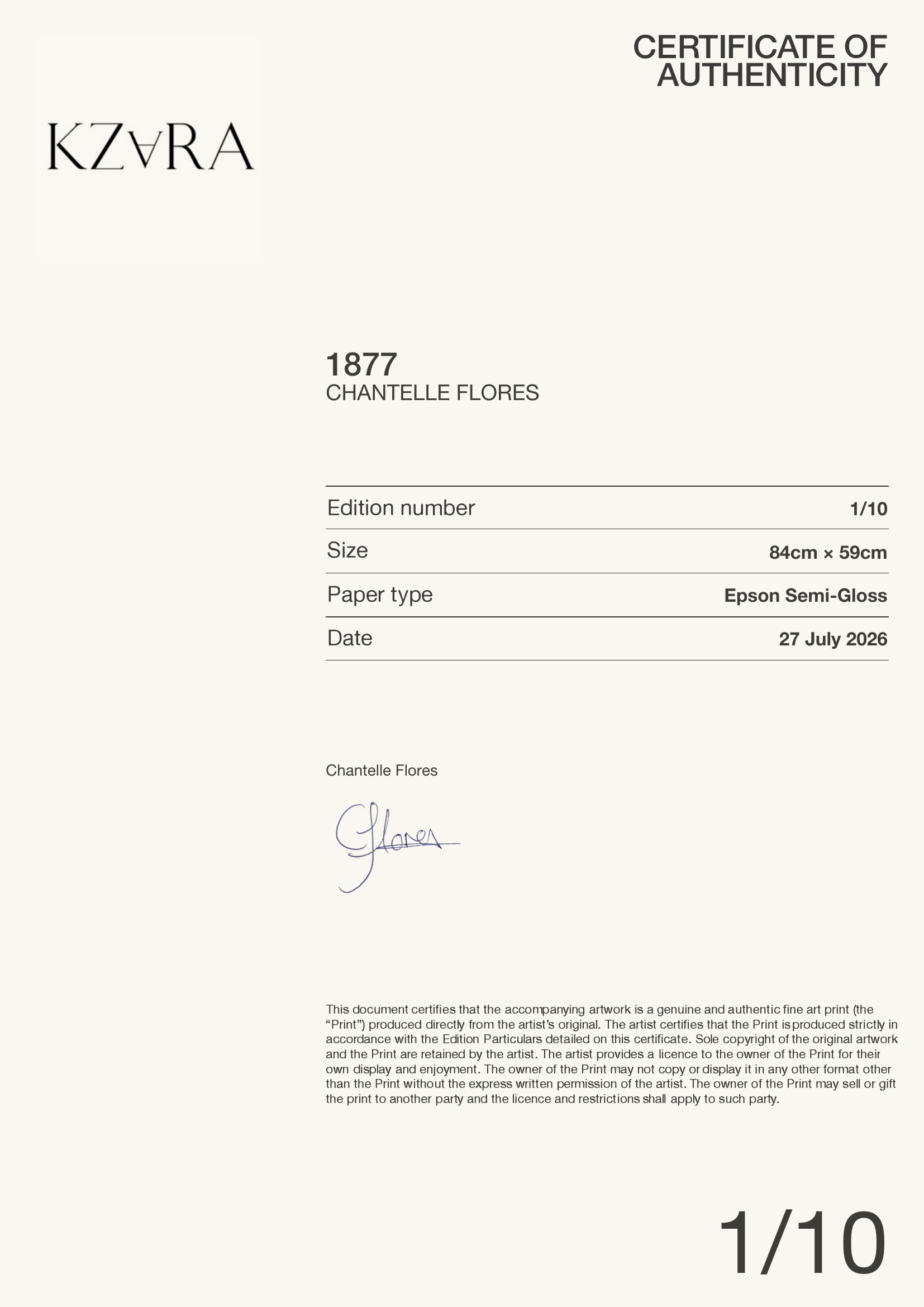 1877 — Certificate of Authenticity
