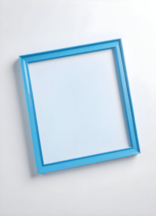 Bright blue empty picture frame against a minimalist background inviting creativity and personal expression in home decor