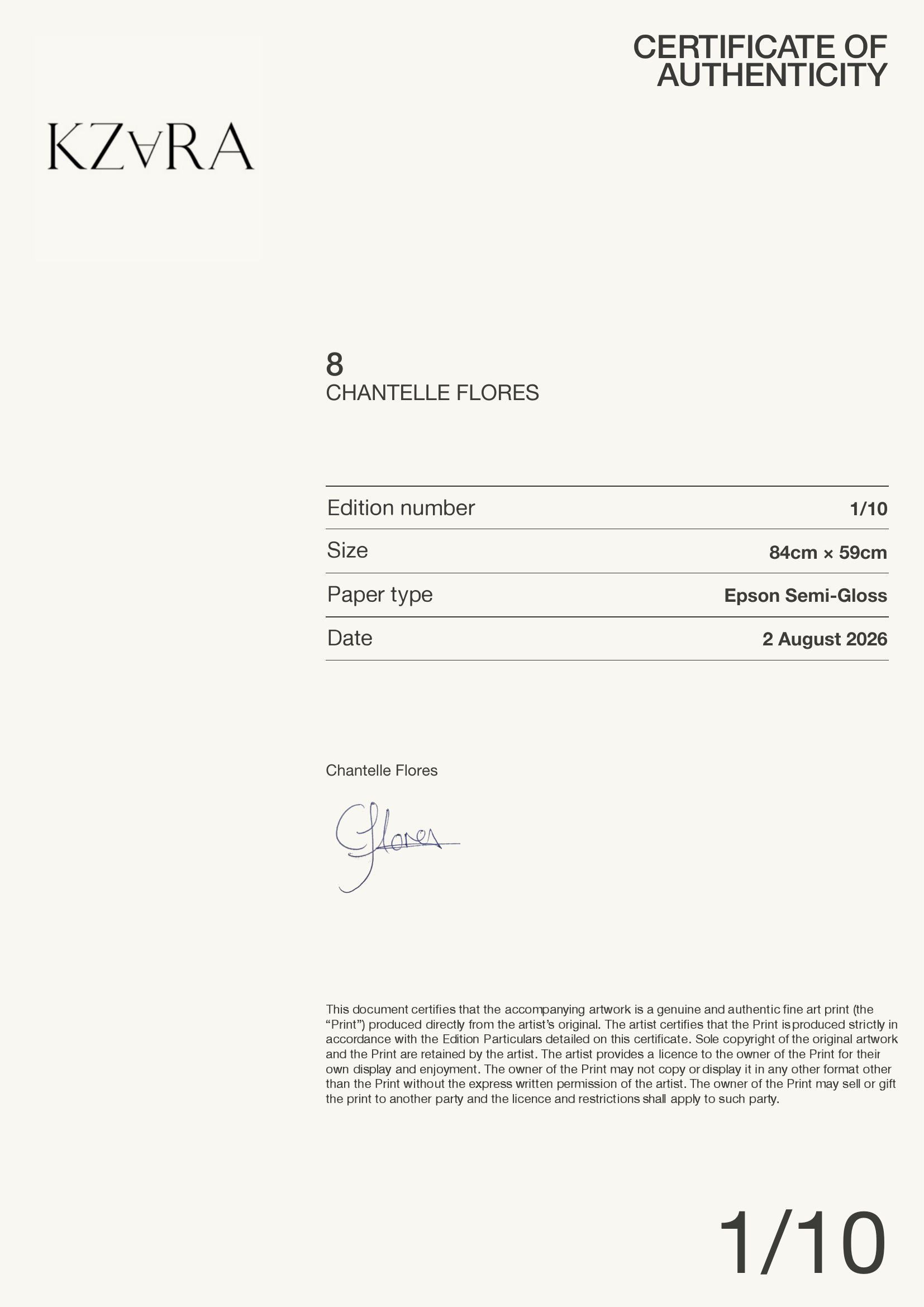8 — Certificate of Authenticity