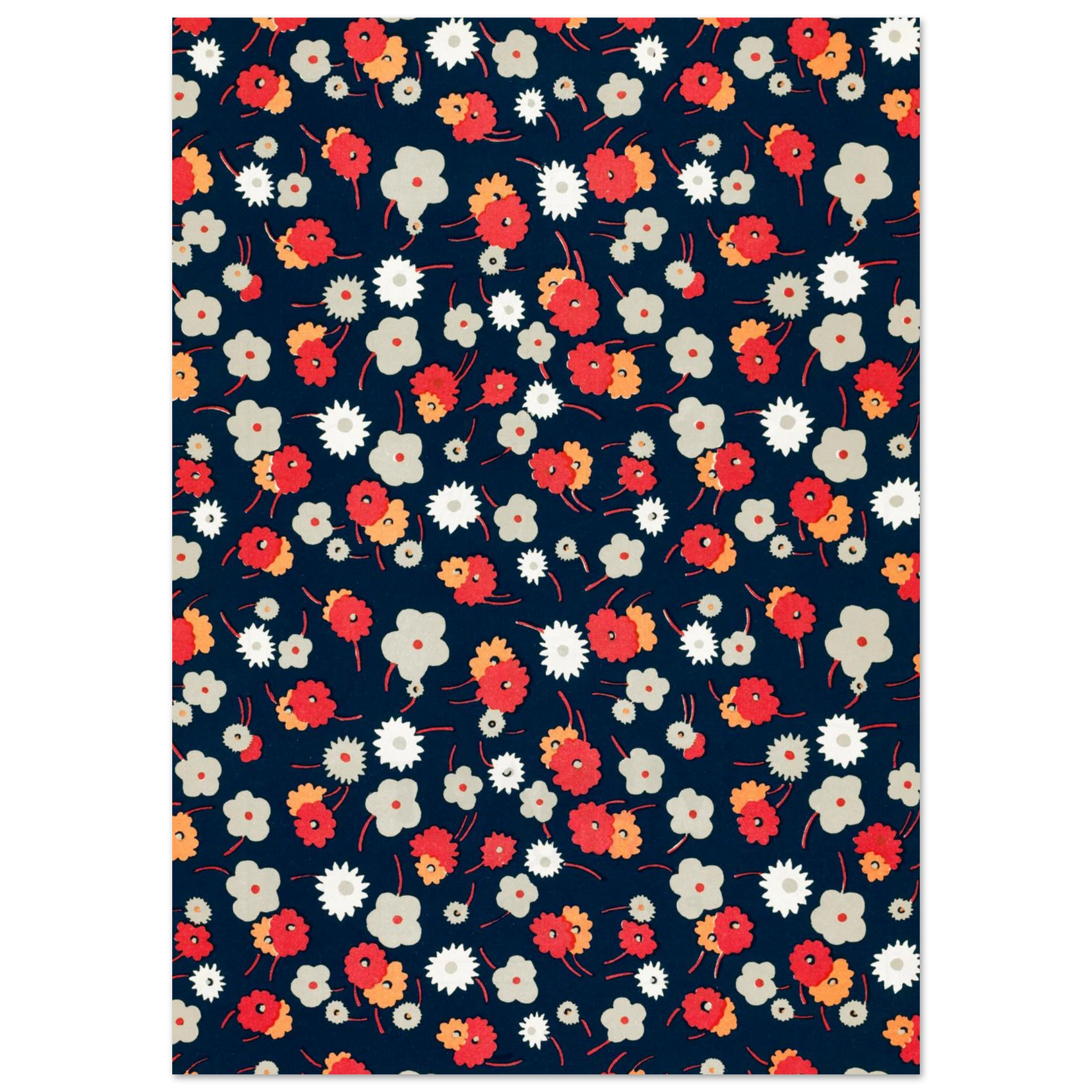 Retro Floral Dream - Premium Semi-Gloss Poster with Ditsy Bloom Pattern in Red, Orange, & Grey on Navy