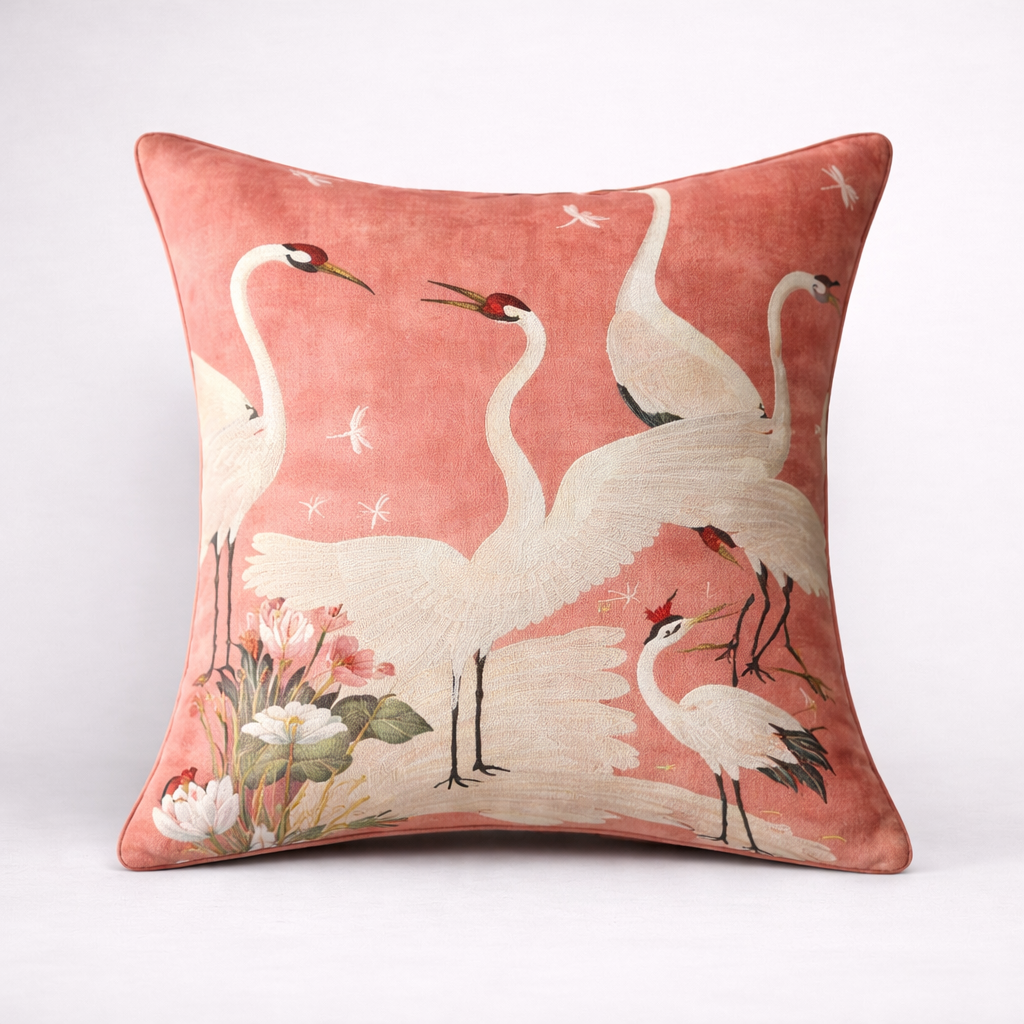 Dancing crane cushion cover bird botanical decor 50x50cm