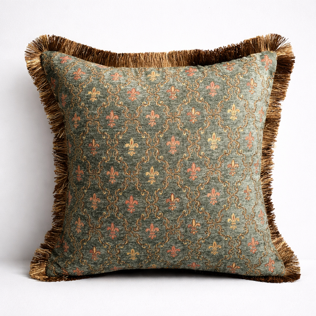 Decorative pillow with intricate pattern and frayed edges on a white background
